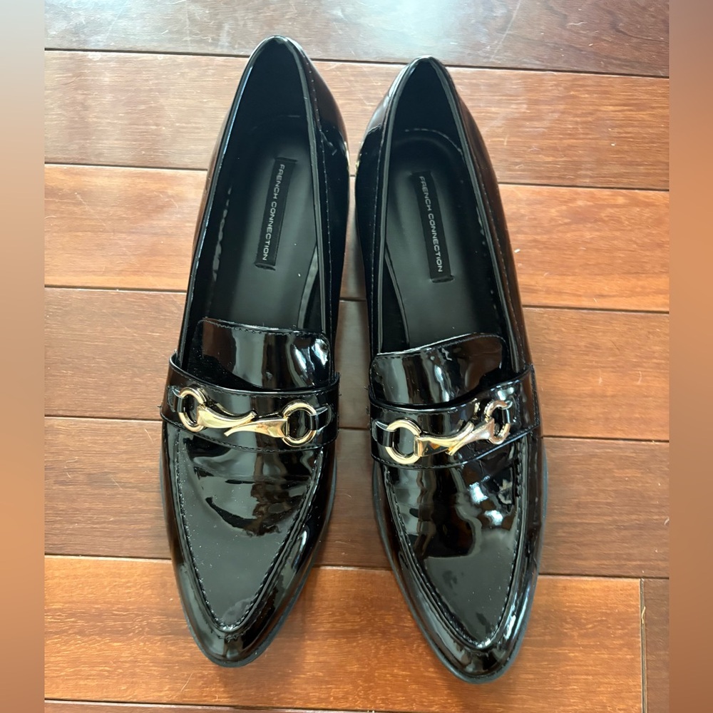 French Connection Black Loafers with Gold Detail